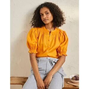 Boden Women's Yellow Linen Smocked Short Sleeve Button Down Shirt Top Size